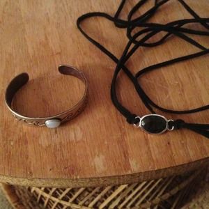 Black and leather/sterling silver & opal bracelet