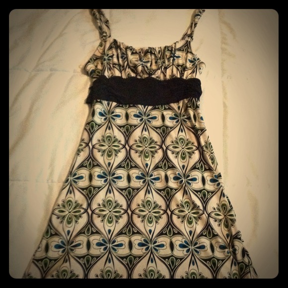 Brown, blue and green floral print dress