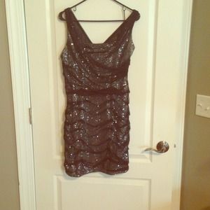 Silver sequin dress with black overlay. Express.