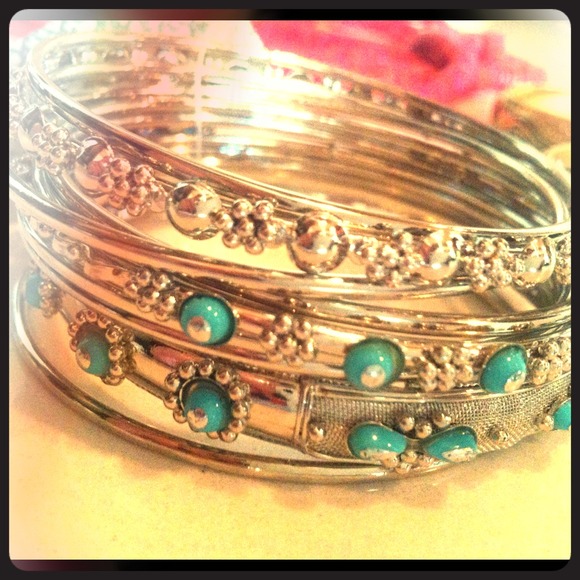 Silver/turquoise boho chic bangle bracelets