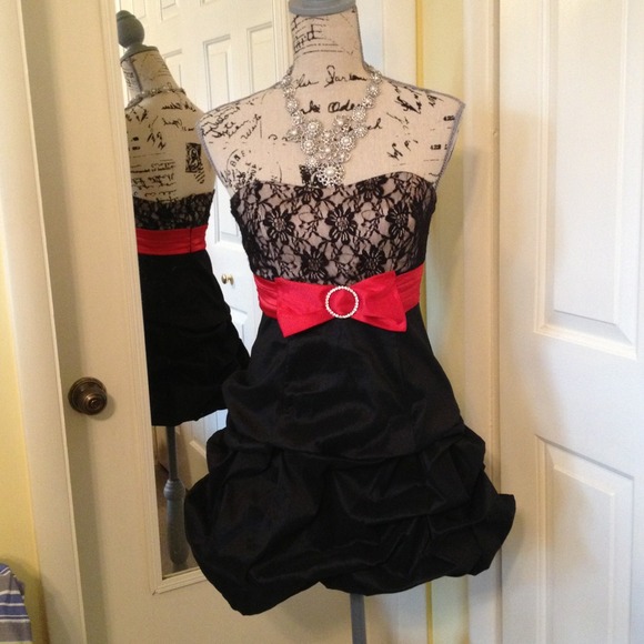 Strapless red, tan, and black cocktail mini dress