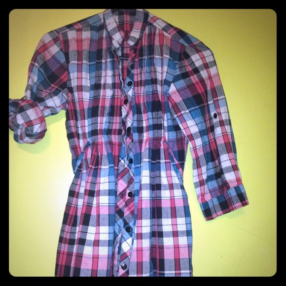 Plaid red black and blue button up top
