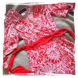 Red and white floral print dress