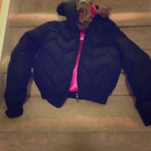 Black pink dkny down puffer with fur feather
