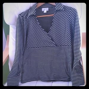 Cute black and white striped crossover polo.