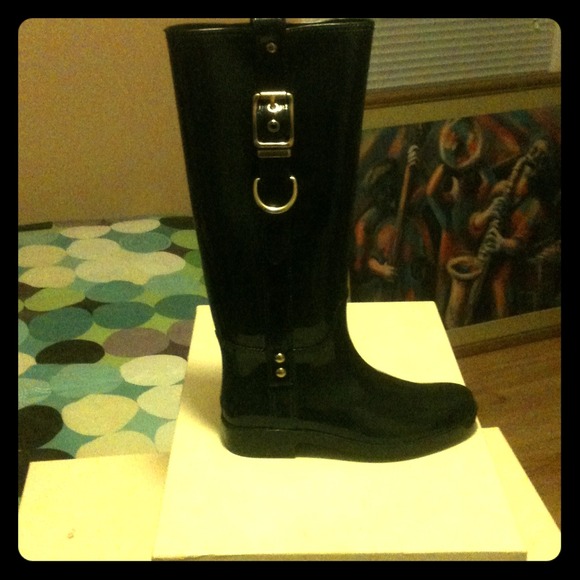 Black patent leather rain boots