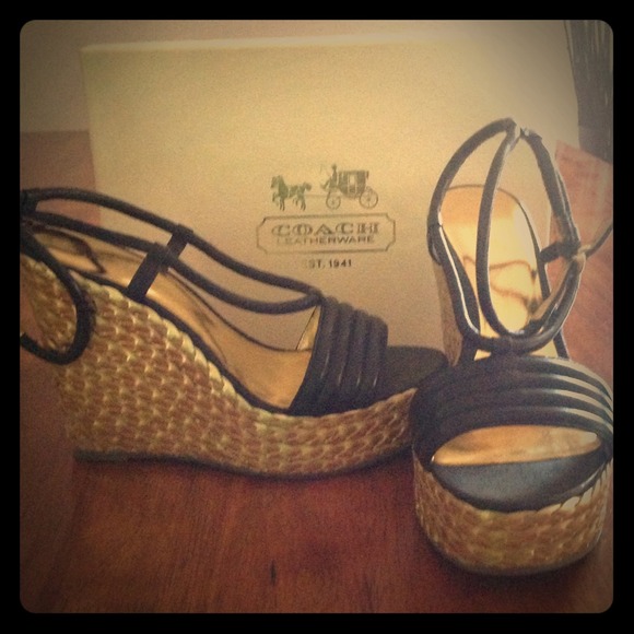 Black/gold Coach wedge sandals size 7
