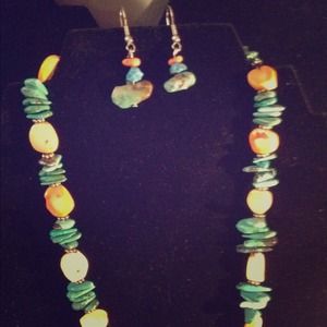 Turquoise and orange stone necklace & earring set