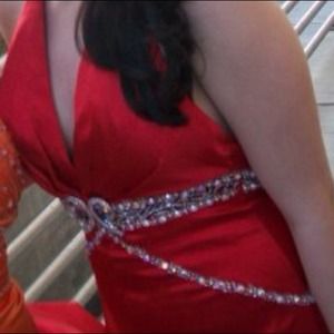 Red formal dress with zebra print underlay