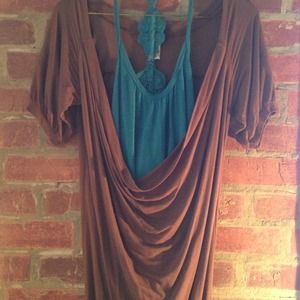 Brown Cowl Neck Dress w/ Teal Halter