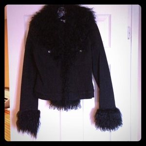 bebe black denim coat with faux fur detail!