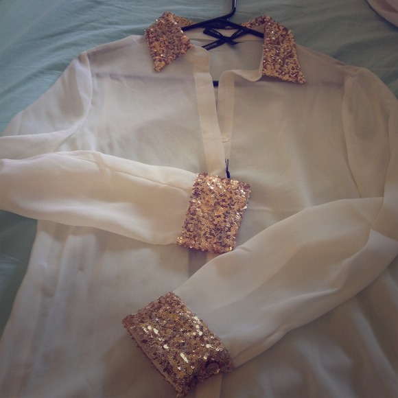 Sheer white blouse w/ gold detail