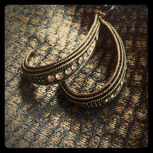 Antiqued gold hoop earrings rope w/ rhinestones