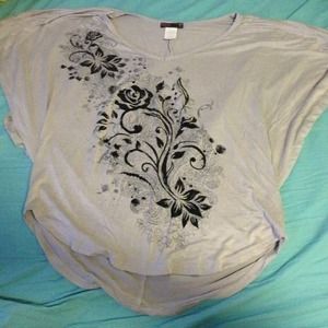 Gray flutter sleeve top with floral design