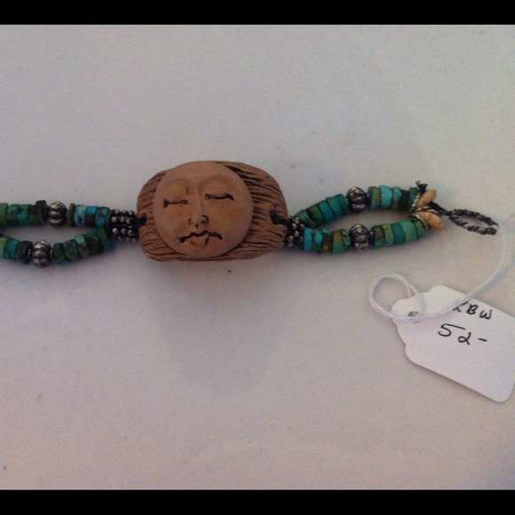 Made to order- the one pictured sold-Turquoise/polymer clay Moonface bracelet - Picture 2 of 2
