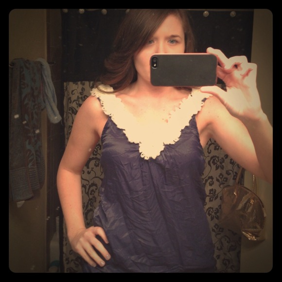 Blue silk like summer top with white flower detail