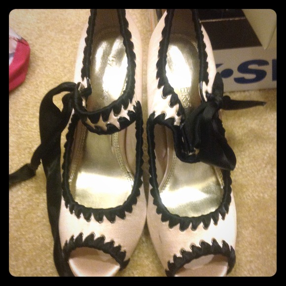 Bakes baby pink silk shoes with black lace trim