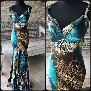 Mary L Couture Dresses & Skirts - Long Turquoise & Multi Leopard Print Silk Gown Mary L Couture Dresses & Skirts - Long Turquoise & Multi Leopard Print Silk Gown