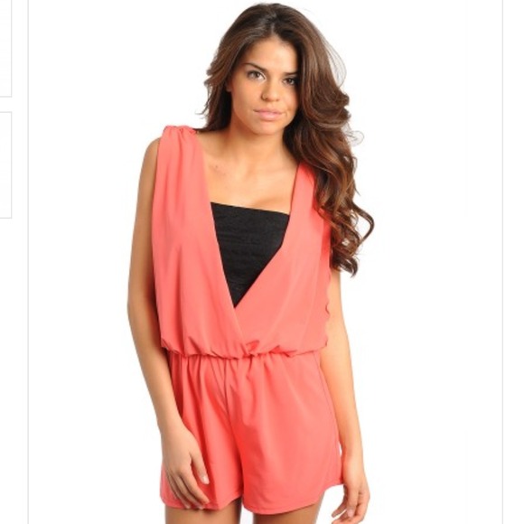 Other - Coral/Pink sleeveless romper w/black lace bandeau