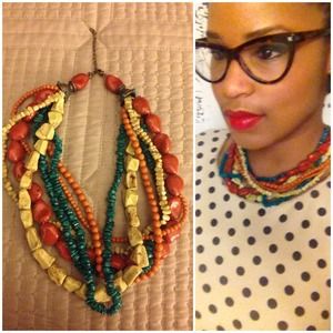 SOLD// Teal orange beaded statement necklace