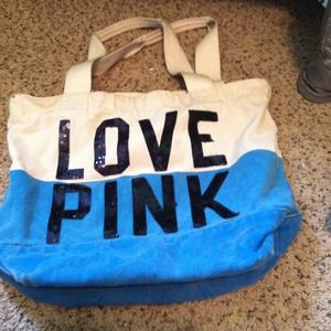 Blue and tan "love pink" tote bag
