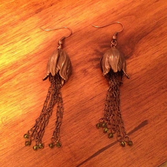 Sold- Copper Flower and Emerald Swarovski Earrings