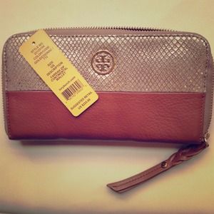 Tory Burch leather wallet, metallic snakeskin trim