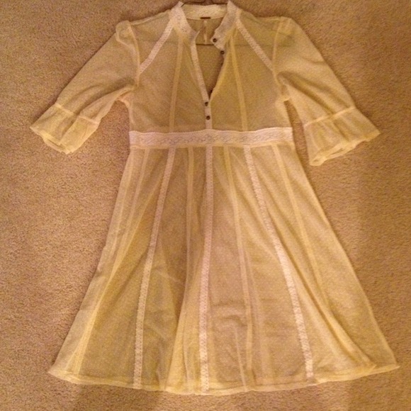 Free People, sheer, yellow shirt with lace trim