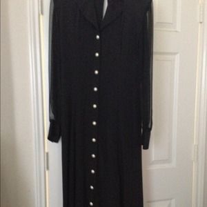 Deep Black dress with Sheer arms and pearl buttons