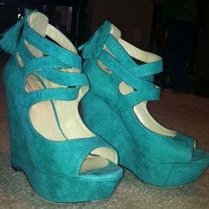 Green Teal Wedge Peep Toe Heels!