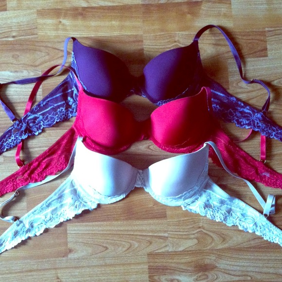 Bra's - set 3, size 36A, dark purple, red & nude