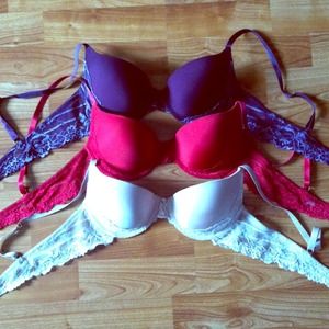 Bra's - set 3, size 36A, dark purple, red & nude