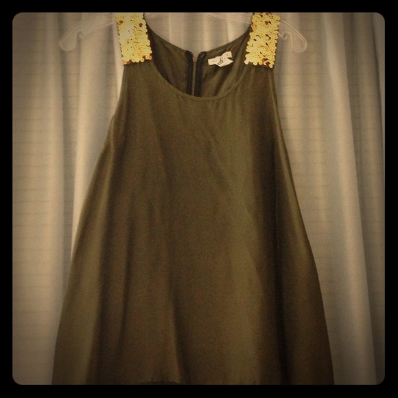 Dark green silk tank with gold sequence