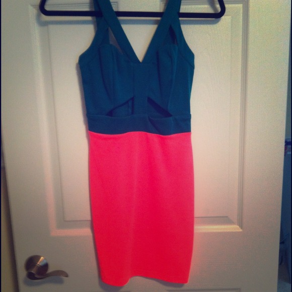 Aqua and neon pink cut-out dress