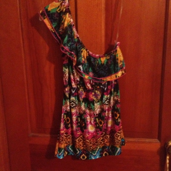 Colorful, patterned, off shoulder top.