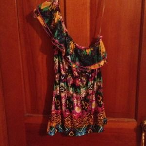 Colorful, patterned, off shoulder top.