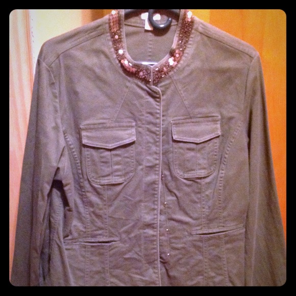 Olive green jacket with bronze accents