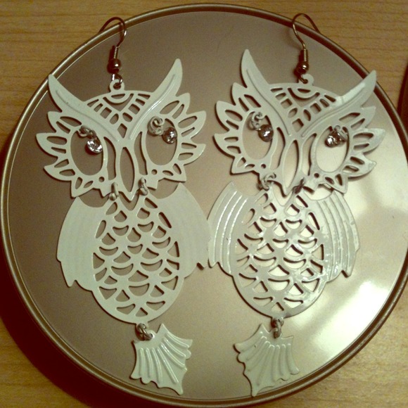 Laser cut white owl earrings with rhinestone eyes
