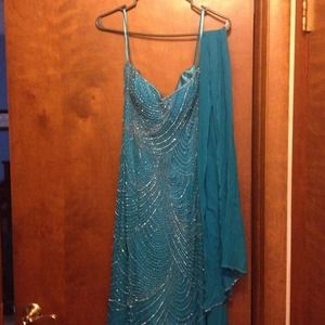 Hand beaded teal mermaid prom dress