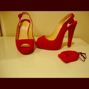 Devalavi suede red shoes by Louboutin, heel 8"