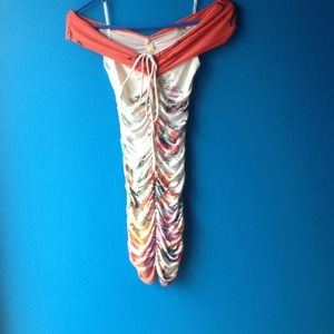 Sexy off-white off the shoulder second skin dress.