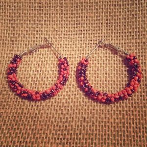 Coral and brown metallic hoop earrings