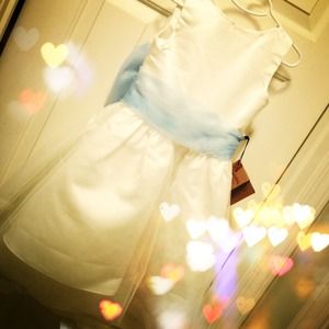 Pale ivory flower girl dress w/ lt sky blue bow