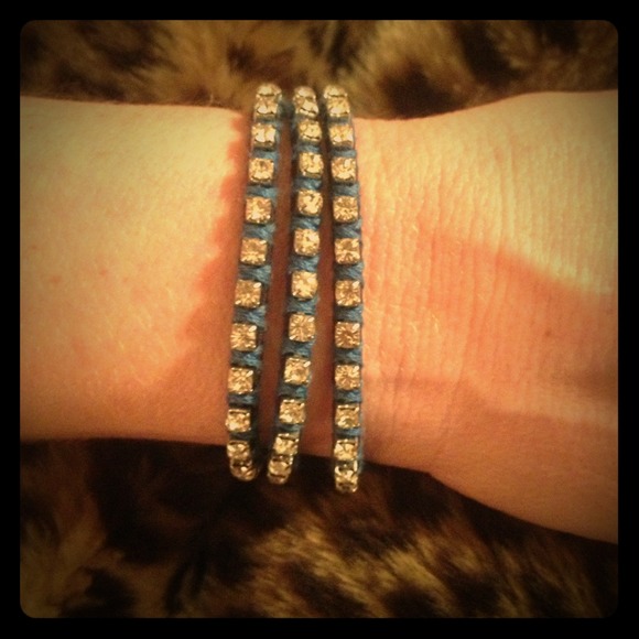 Blue Leather Rhinestoned Wrap Bracelet - Picture 1 of 2