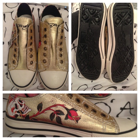 Ed Hardy Skull Rose Gold Glitter Sneakers - Picture 2 of 4