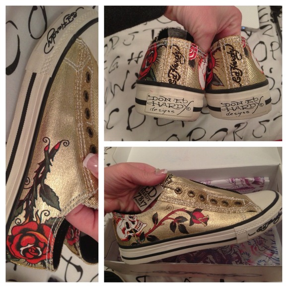 Ed Hardy Skull Rose Gold Glitter Sneakers - Picture 3 of 4