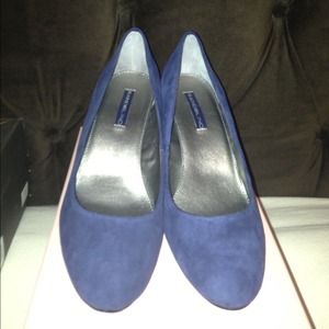 Brand new, never worn navy suede wedge