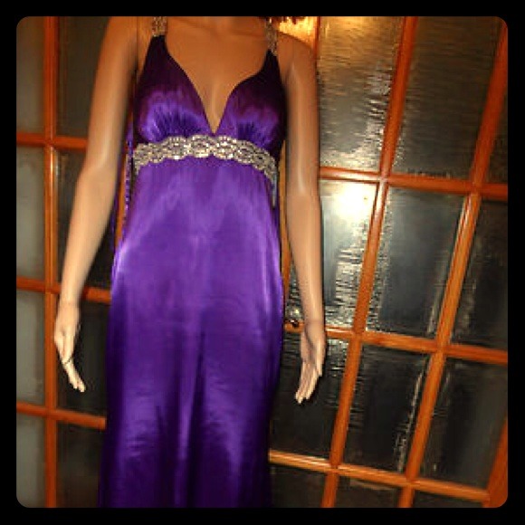 Purple Satin Low Back Dress W/ Rhinestones Detail