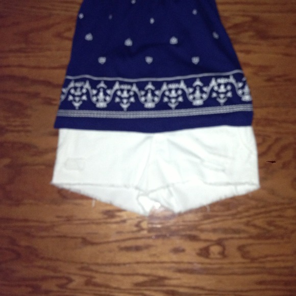 Cute blue/white embroidered shirt & white cutoffs. - Picture 2 of 3