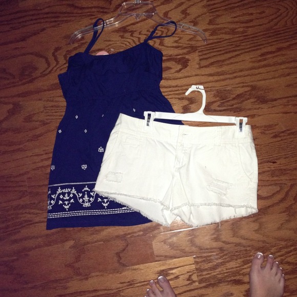 Cute blue/white embroidered shirt & white cutoffs. - Picture 3 of 3